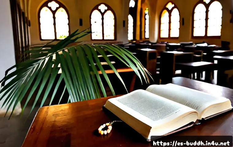 Home 17 팔리 경전 - Photorealistic quiet study scene in a historic Spanish monastery library, an open ancient palm-leaf ...